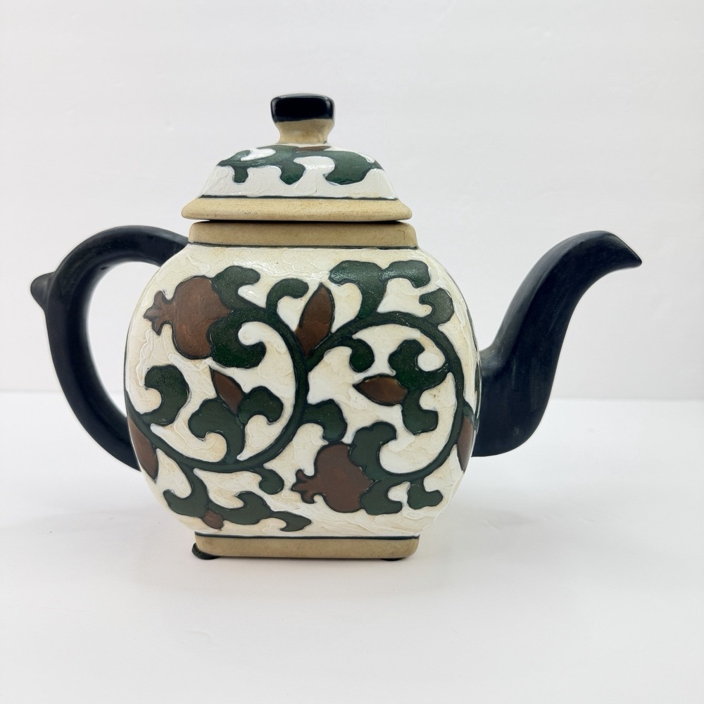 Vintage Art Pottery Teapot Raku Ceramic Green Burgundy  Vine Leaf Pattern